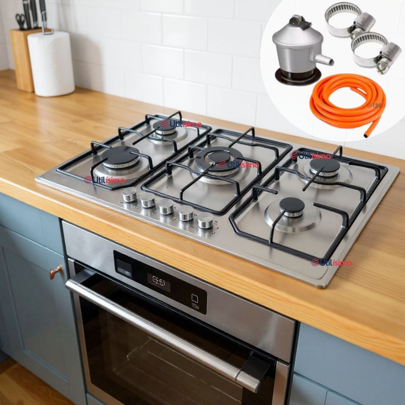 LINE - Cocina Encimera Gas Licuado 5 Platos Acero Inoxidable + Kit de Instalación
