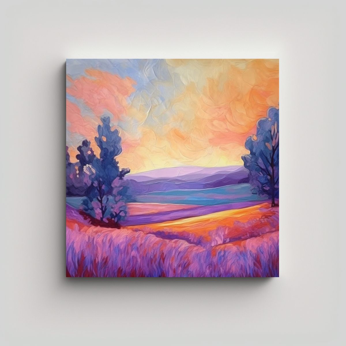 GENERICO - Paisaje Floral Y Silueta Al Atardecer Arte 100x100 Cm