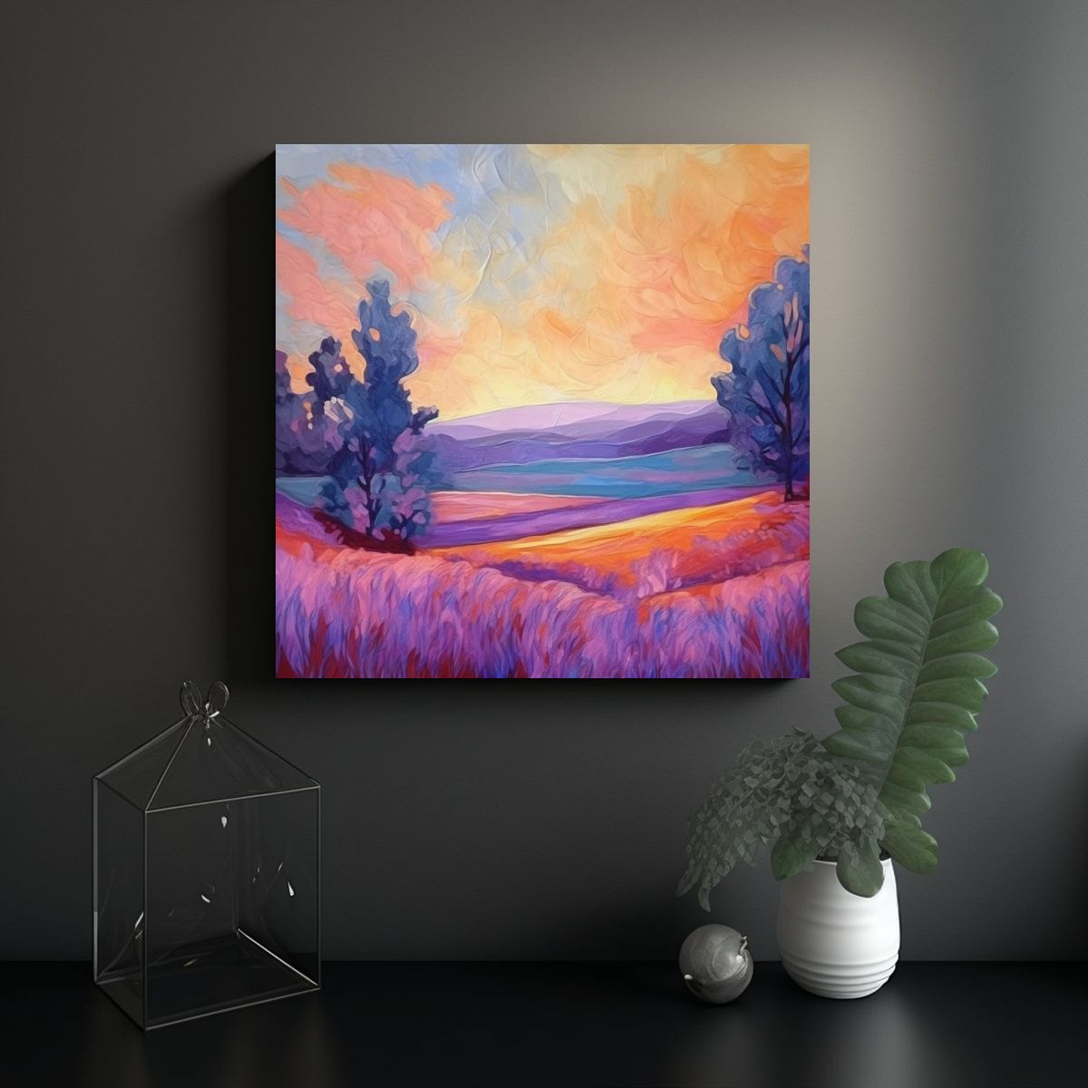 GENERICO - Paisaje Floral Y Silueta Al Atardecer Arte 100x100 Cm