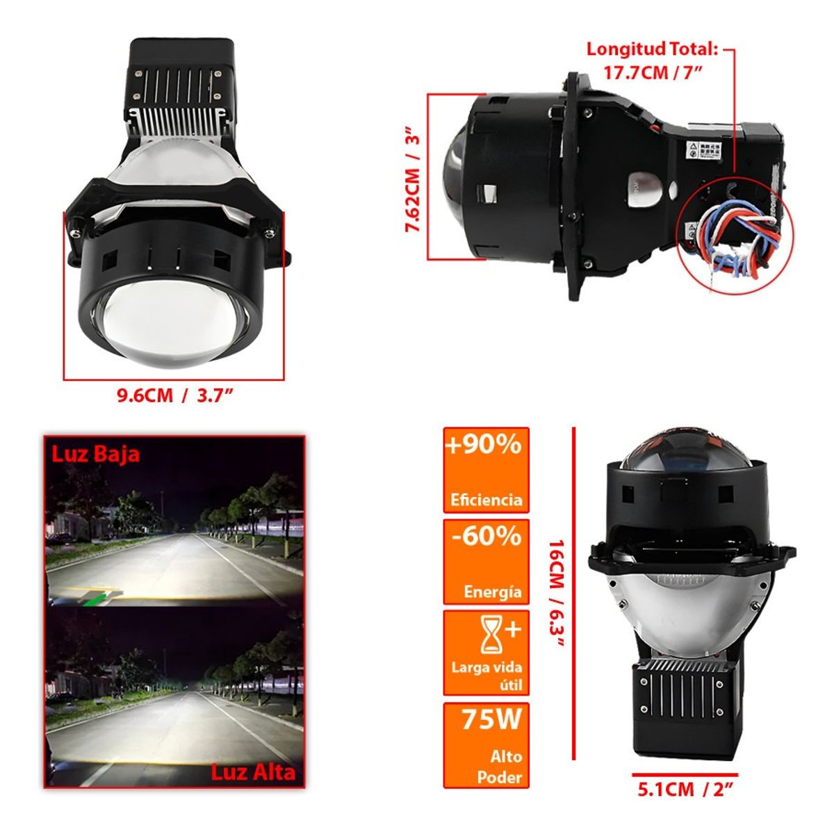 GENERICO - X2 Proyector 3 Pulgadas Auto 12v  75w