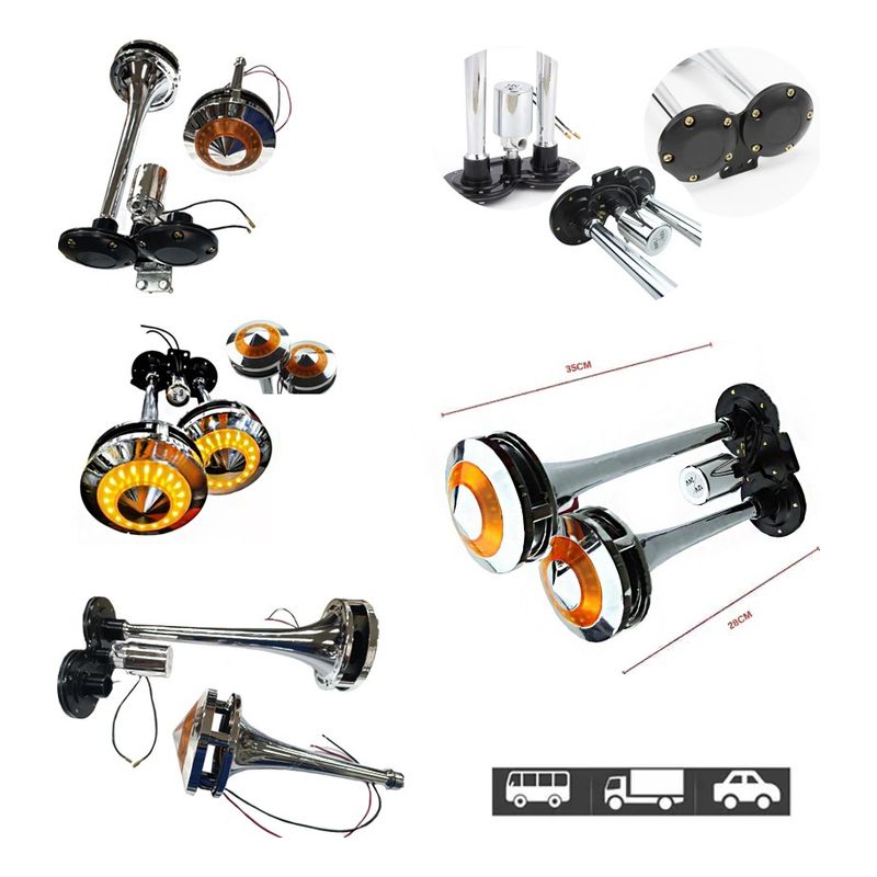 GENERICO - Bocina Aire Doble Trompeta Electrica Con Luz Ámbar 12-24v