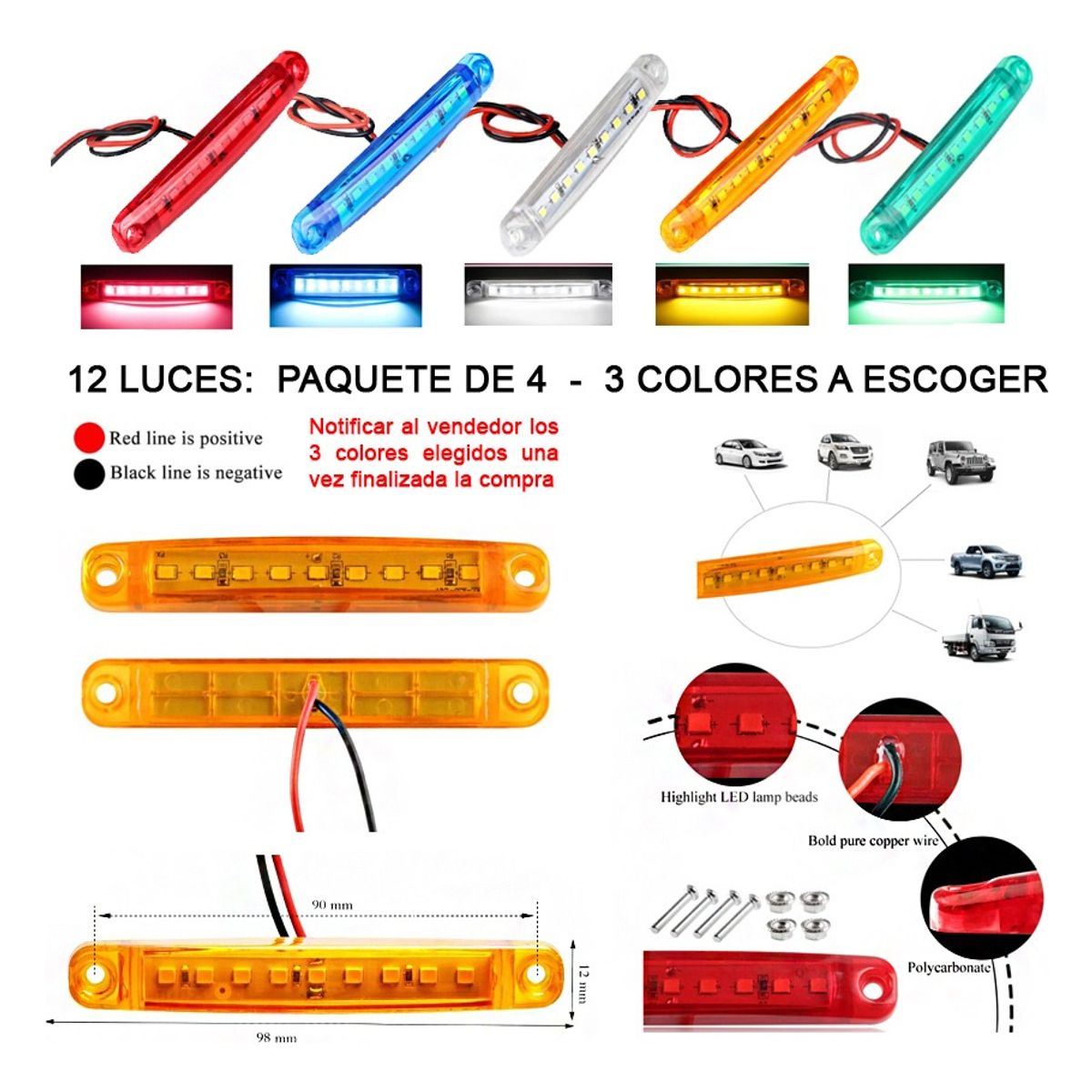 GENERICO - Foco Luz Led Lateral 12-24v - 12 Unidades