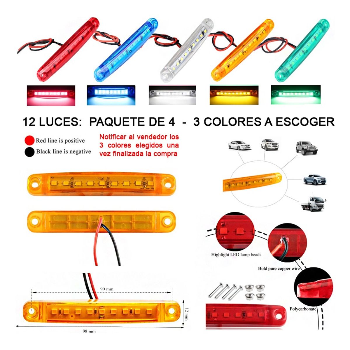 GENERICO - Foco Luz Led Lateral 12-24v - 12 Unidades