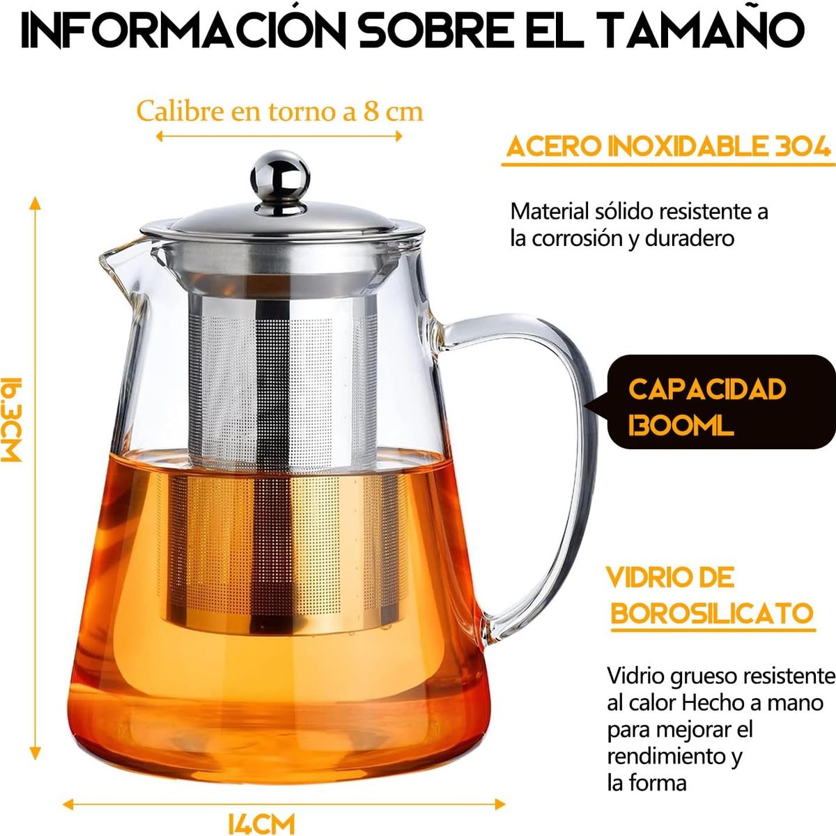 KUANGYE - Tetera de Vidrio 1.300 ml con infusor, resistente al calor