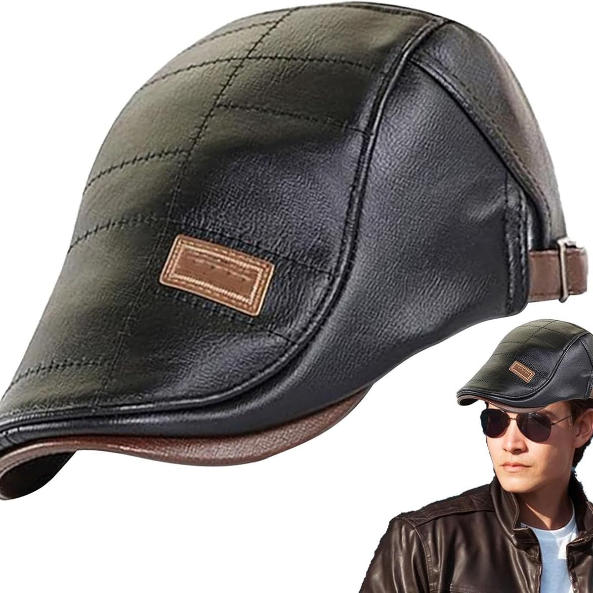 KUANGYE - Gorra Boina De Hombre Ajustable De Cuero Pu Alta Calidad
