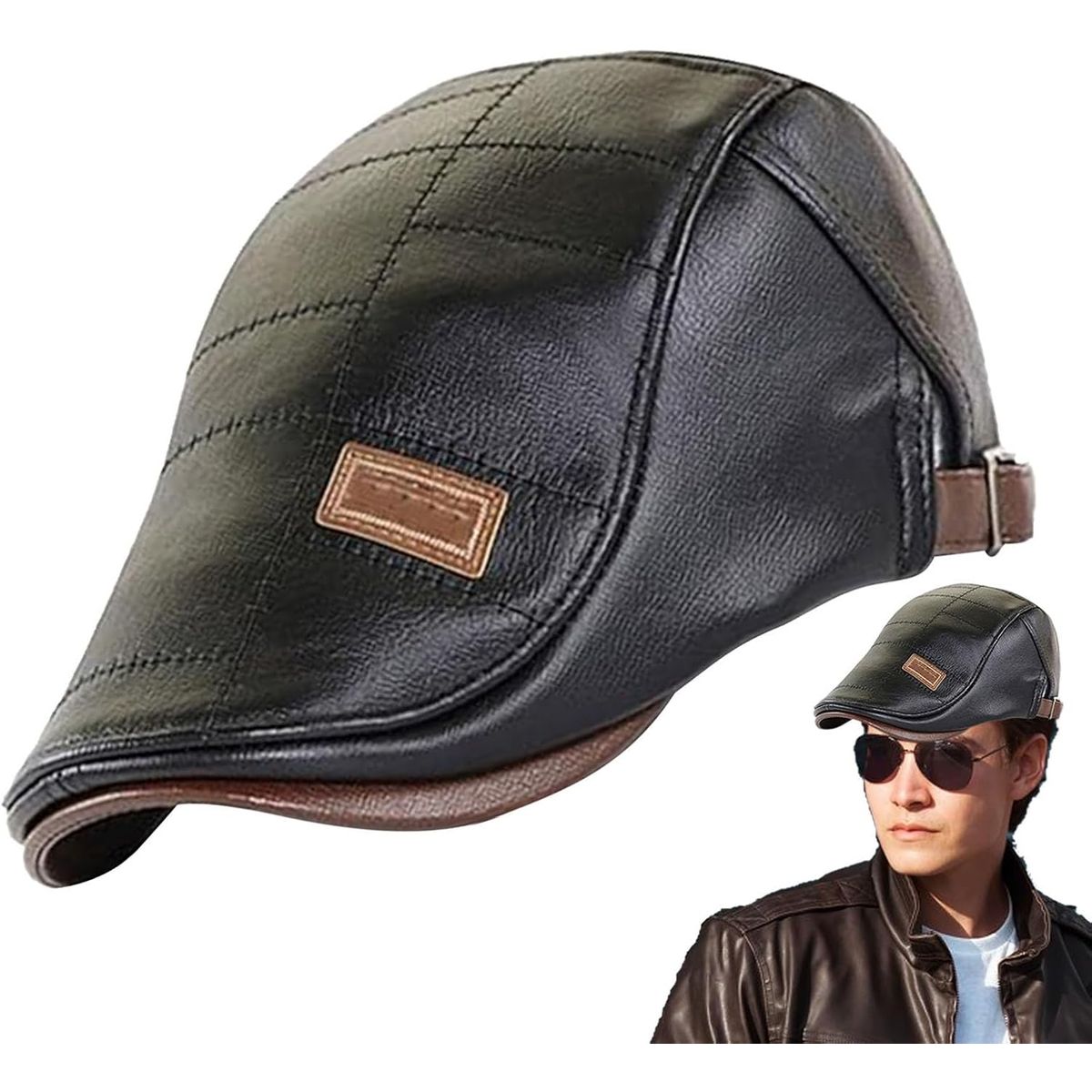 KUANGYE - Gorra Boina De Hombre Ajustable De Cuero Pu Alta Calidad