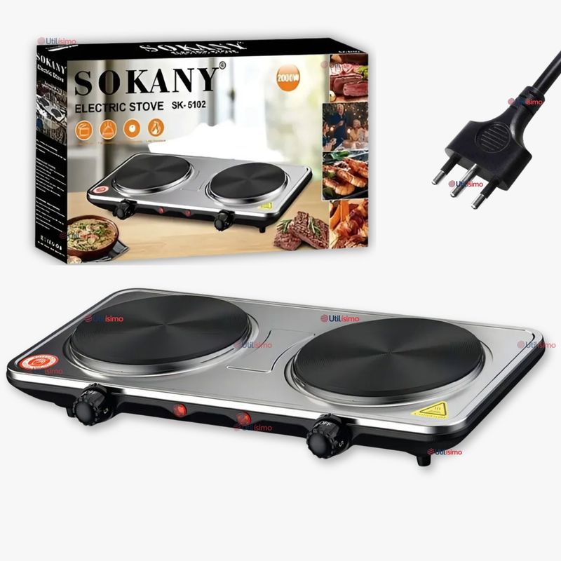 SOKANY - Cocina Encimera Eléctrica 2 Platos 2000W Cocinilla Premium Plateada