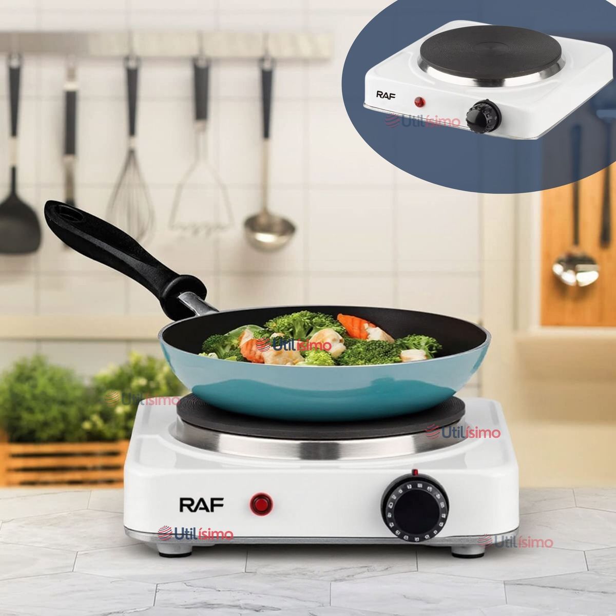 RAF - Cocina Eléctrica Portátil 1 Plato 1000W de Potencia Cocinilla Blanca