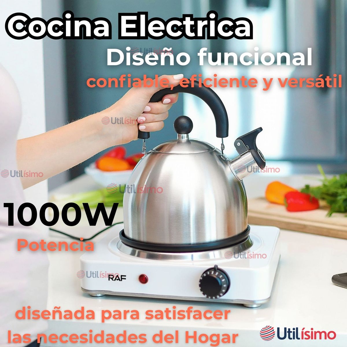 RAF - Cocina Eléctrica Portátil 1 Plato 1000W de Potencia Cocinilla Blanca