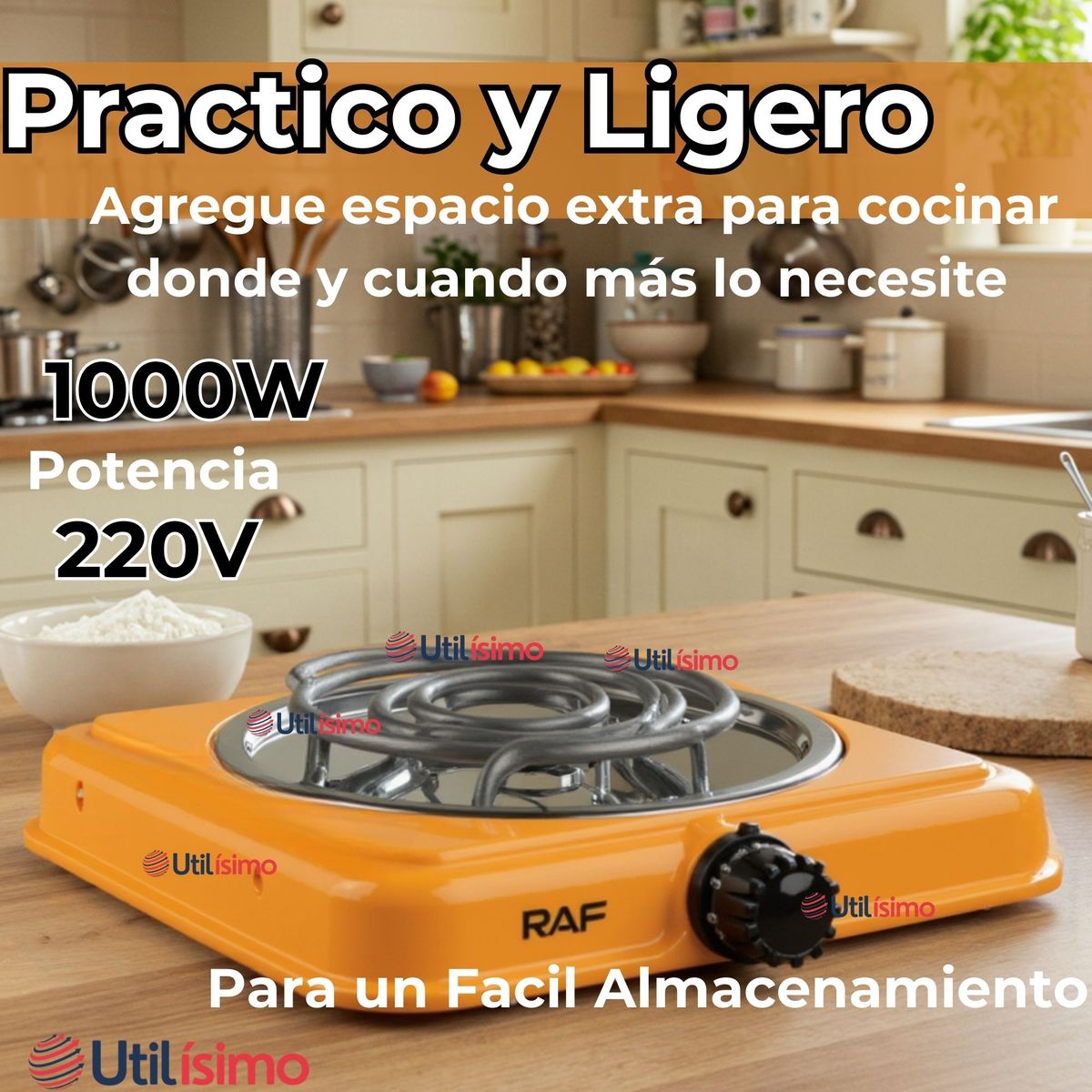 RAF - Cocina Eléctrica Portátil 1 Plato 1000W de Potencia Cocinilla Naranja