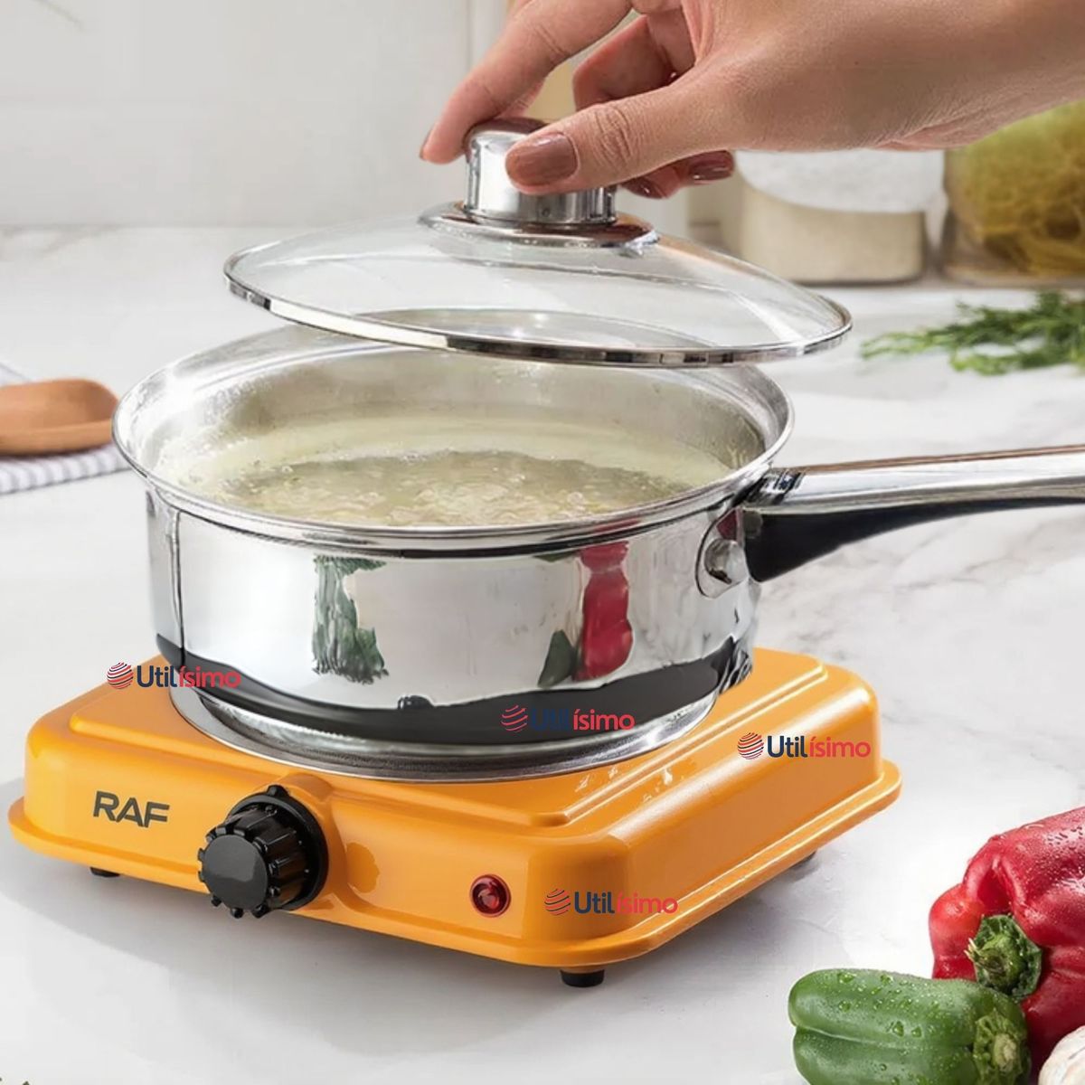 RAF - Cocina Eléctrica Portátil 1 Plato 1000W de Potencia Cocinilla Naranja