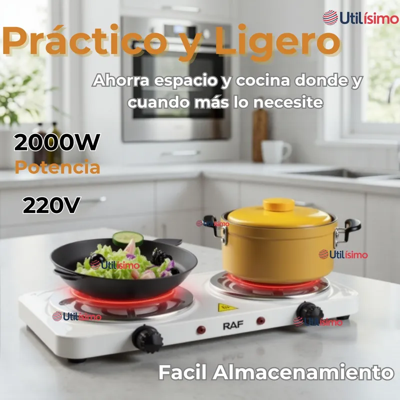 RAF - Cocina Eléctrica 2 Platos 2000W Cocinilla Portátil Blanco