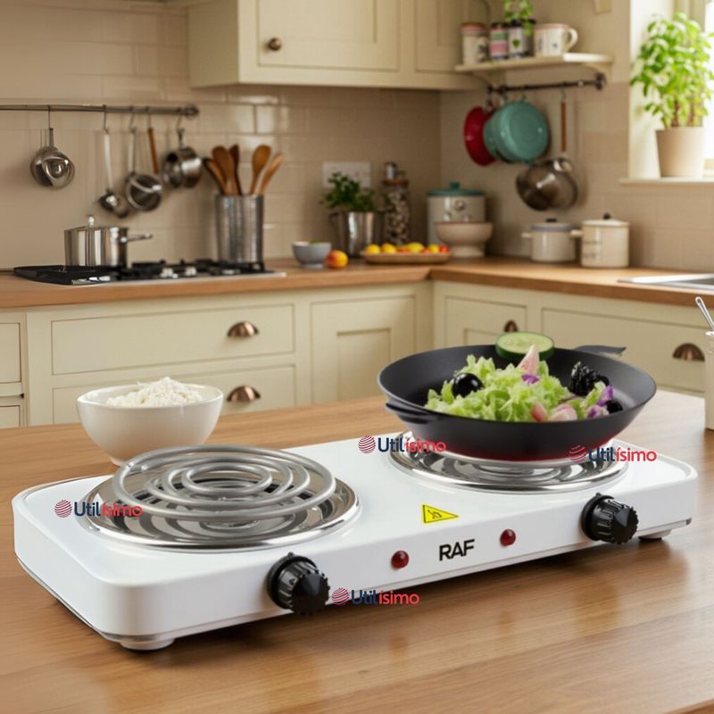 RAF - Cocina Eléctrica 2 Platos 2000W Cocinilla Portátil Blanco