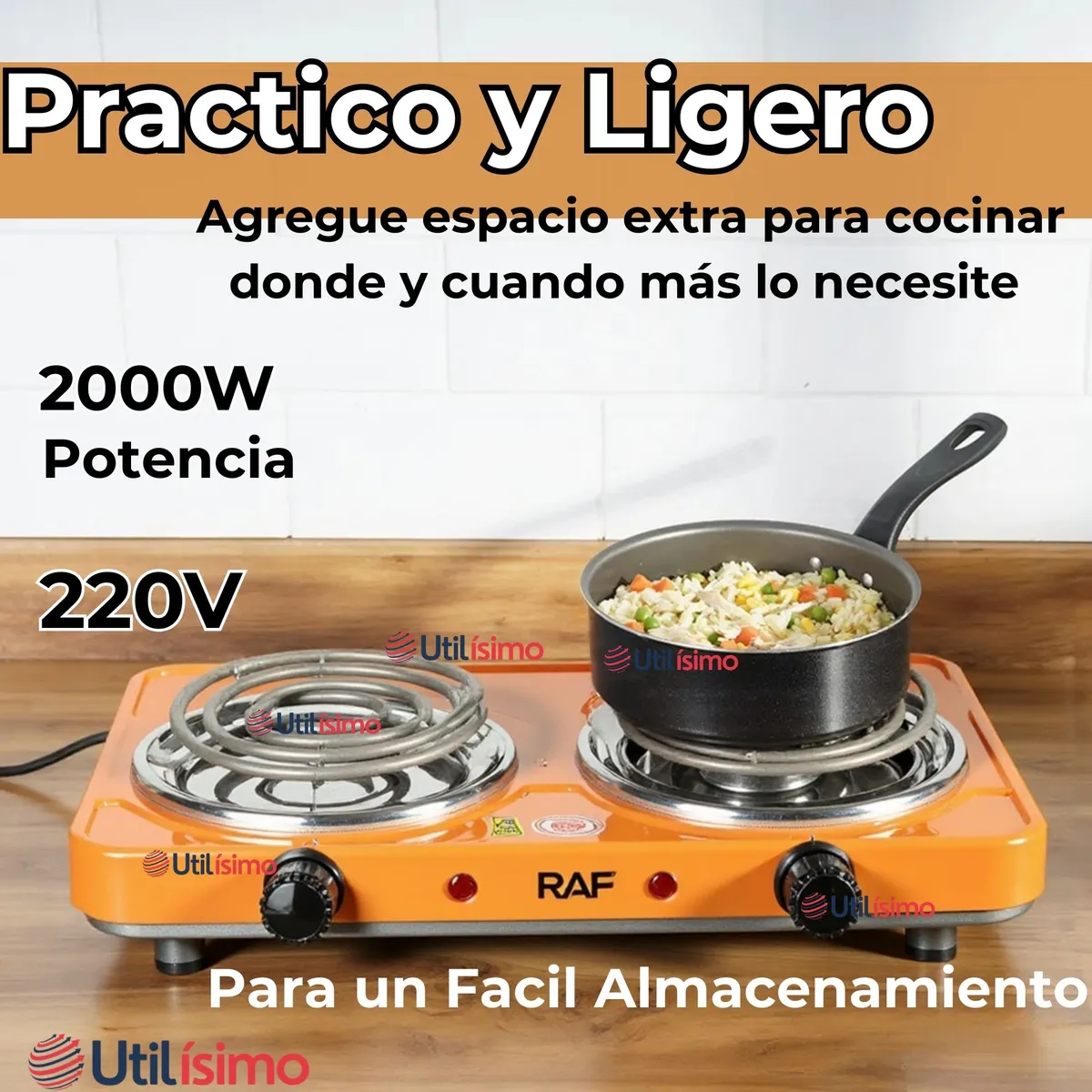 RAF - Cocina Eléctrica 2 Platos 2000W Cocinilla Portátil Naranja