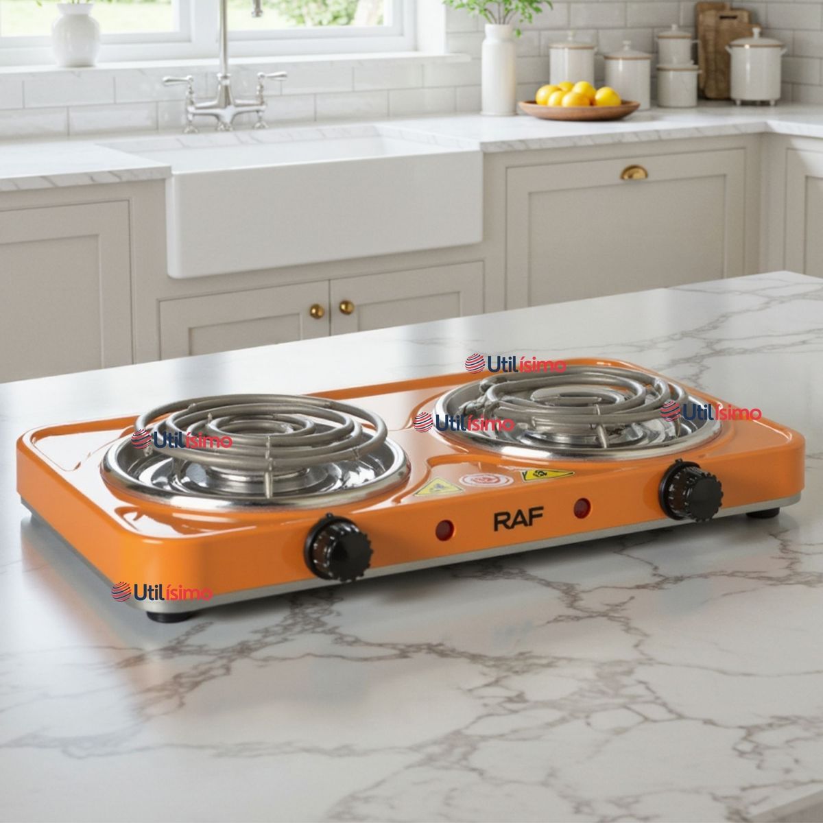 RAF - Cocina Eléctrica 2 Platos 2000W Cocinilla Portátil Naranja