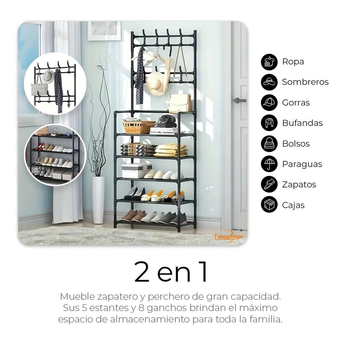 GENERICO - Organizador 2 en 1 Perchero Zapatero 5 Niveles Negro