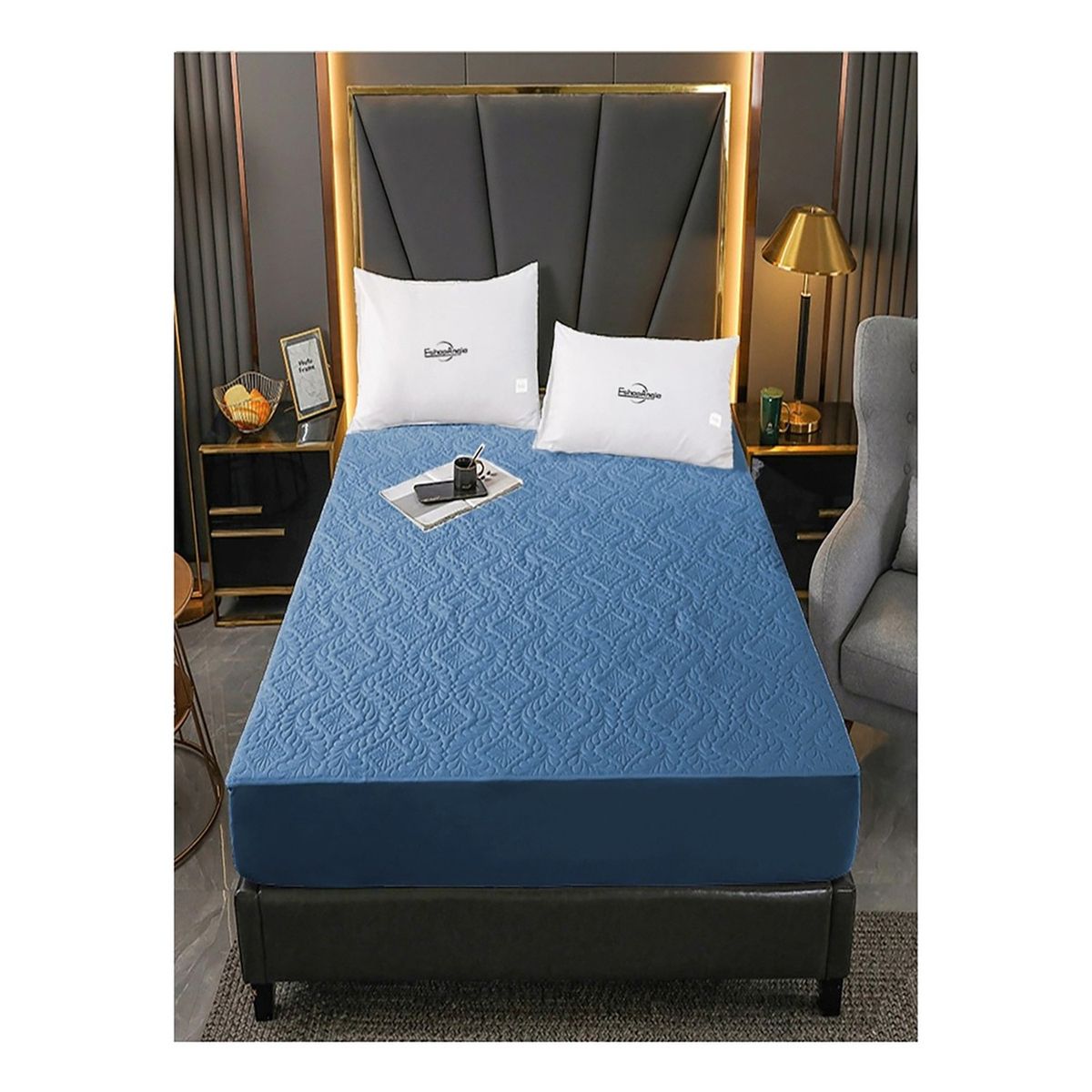 GENERICO - Cubre Colchón 2 Plazas Impermeable Azul Geométrico