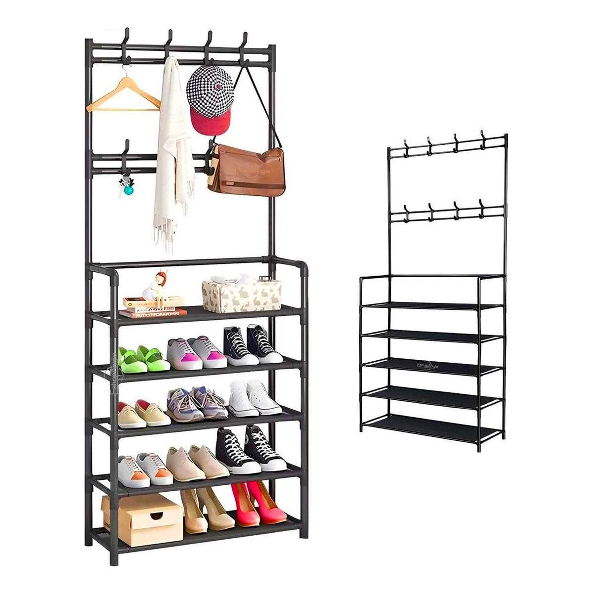 GENERICO - Organizador 2 en 1 Perchero Zapatero Metal 5 Niveles Negro