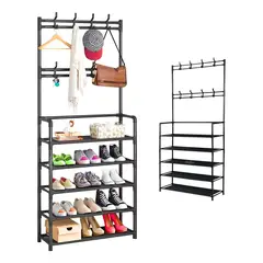 GENERICO - Organizador 2 en 1 Perchero Zapatero Metal 5 Niveles Negro