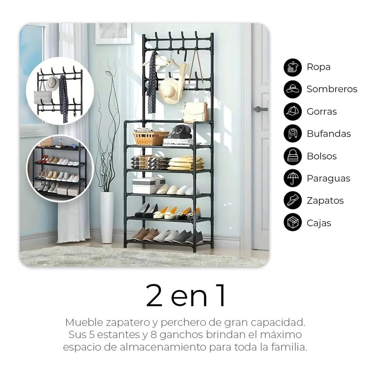 GENERICO - Organizador 2 en 1 Perchero Zapatero Metal 5 Niveles Negro