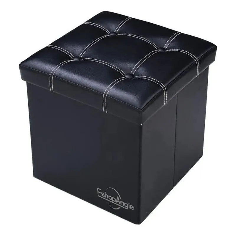 GENERICO - Puff Plegable Negro Almacenamiento Ecocuero 38cm Multifuncional