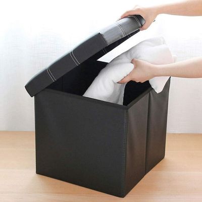 Imagen 2 del producto Puff Plegable Negro Almacenamiento Ecocuero 38cm Multifuncional