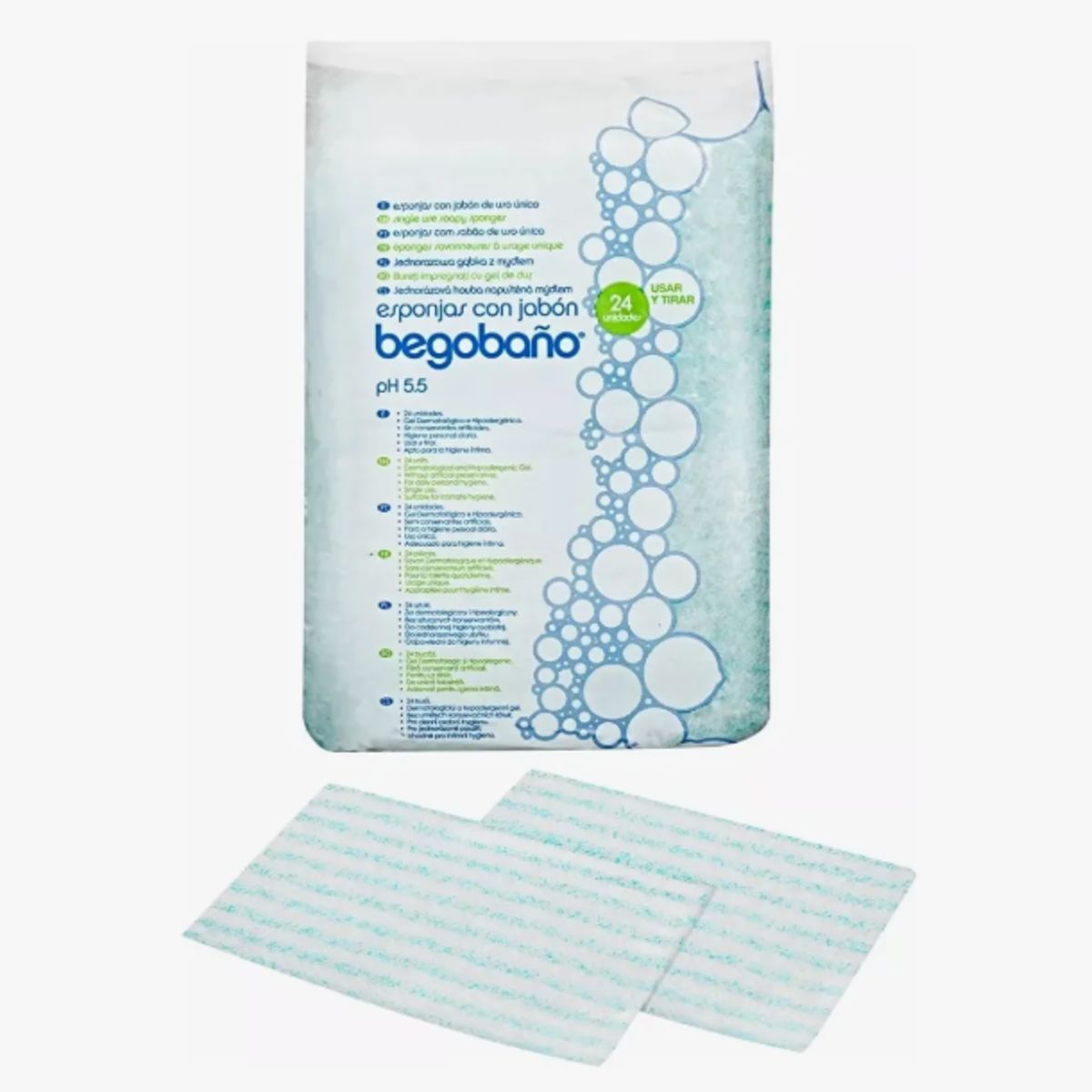 BEGOBAÑO - Pack X5 Esponja Jabonosa Begobaño Baño Seco 5paq X24 120u + Regalo