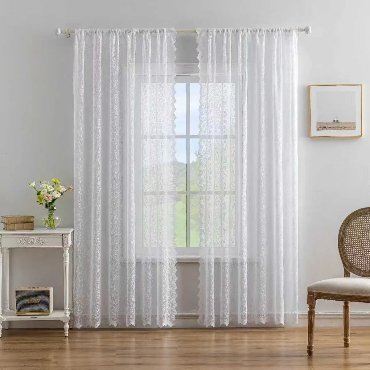 OKAY - Cortinas De Visillo Encaje Con Diseno Flor chica 140220cm 2paños