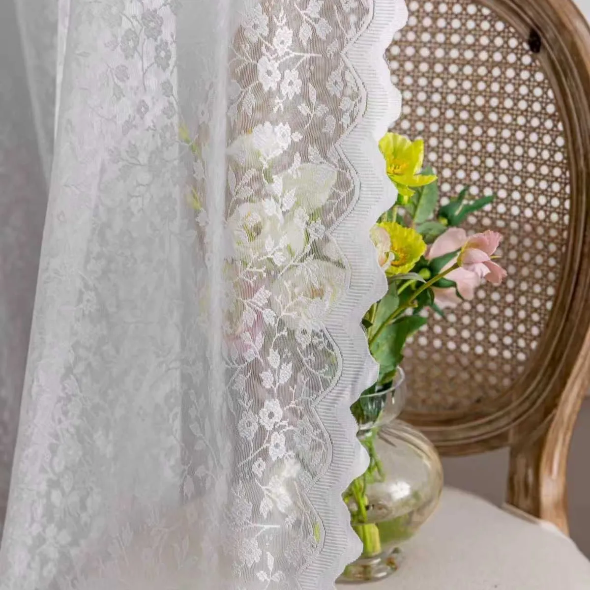 OKAY - Cortinas De Visillo Encaje Con Diseno Flor chica 140220cm 2paños