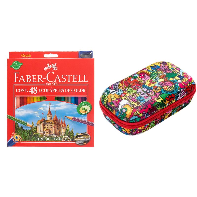 FABER-CASTELL - Pack estuche rígido Doodles + 48 Eco lápices + sacapuntas