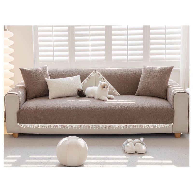 COMPRAPO - Set 3 Pzs Cubre Asiento Sofá + 2 Cubre Brazos 3 Cuerpos Coffe Pompón