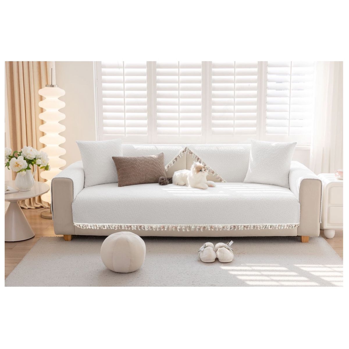 COMPRAPO - Set 3 Pzs Cubre Asiento Sofá + 2 Cubre Brazos 3 Cuerpos Blanco Pompón