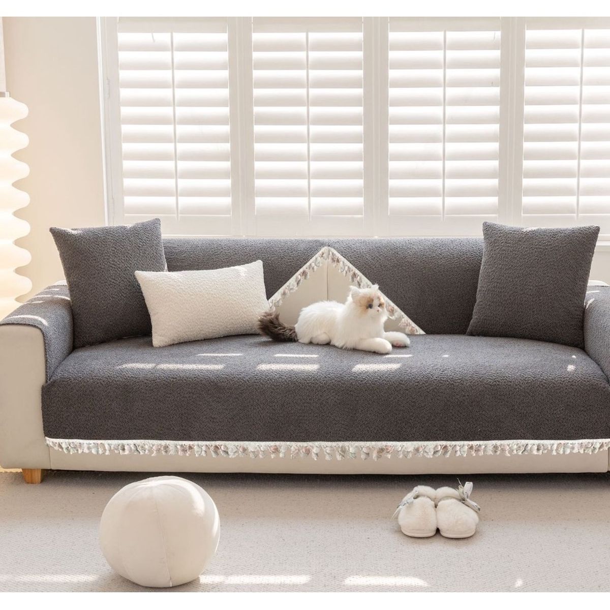 COMPRAPO - Set 3 Pzs Cubre Asiento Sofá + 2 Cubre Brazos 3 Cuerpos Gray Pompón
