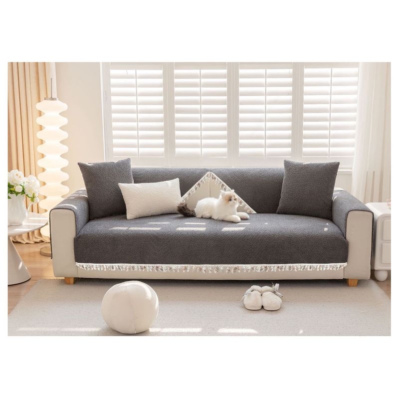 COMPRAPO - Set 3 Pzs Cubre Asiento Sofá + 2 Cubre Brazos 3 Cuerpos Gray Pompón