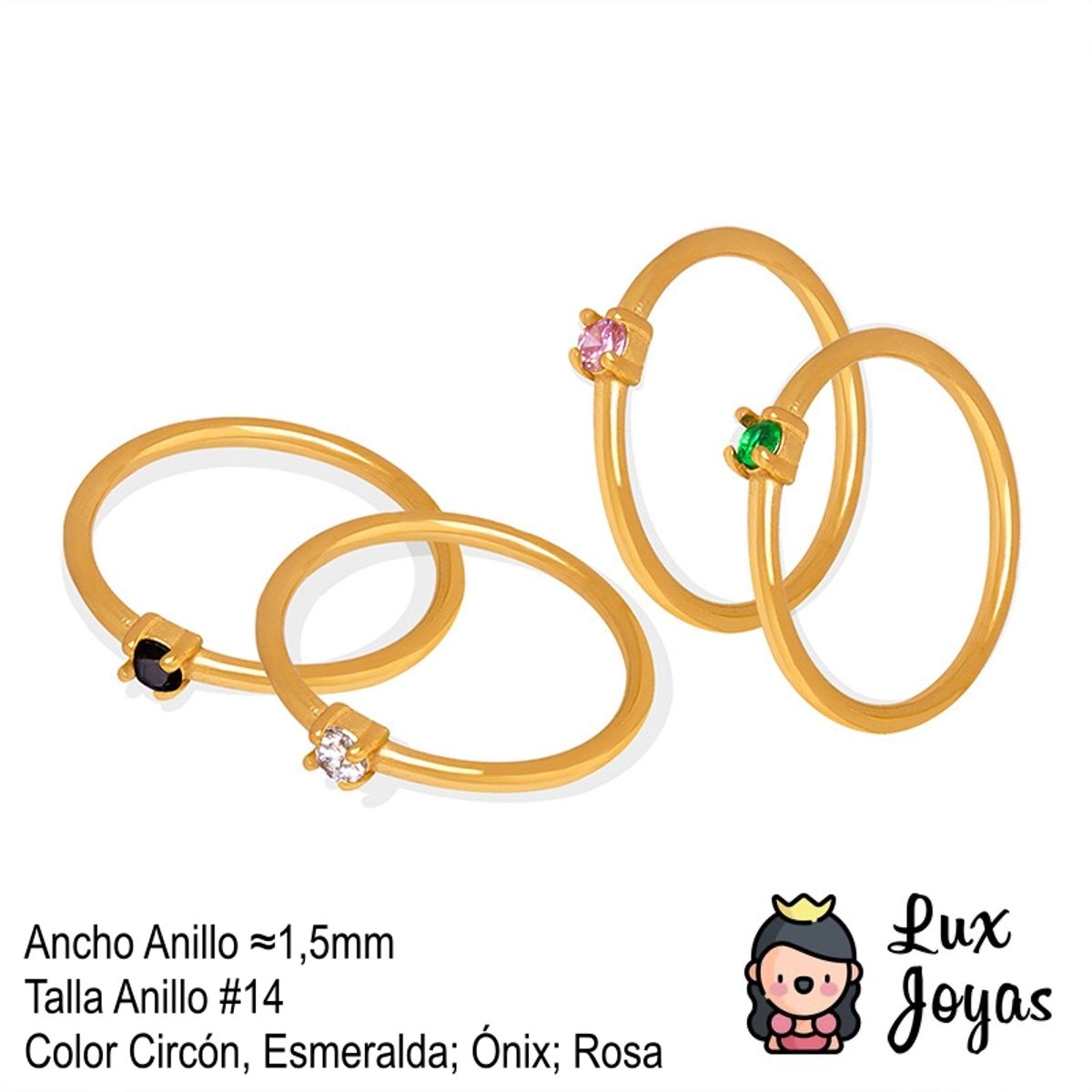 LUX JOYAS - Anillo Baño Oro Amarillo 18k Solitario Circón Esmeralda
