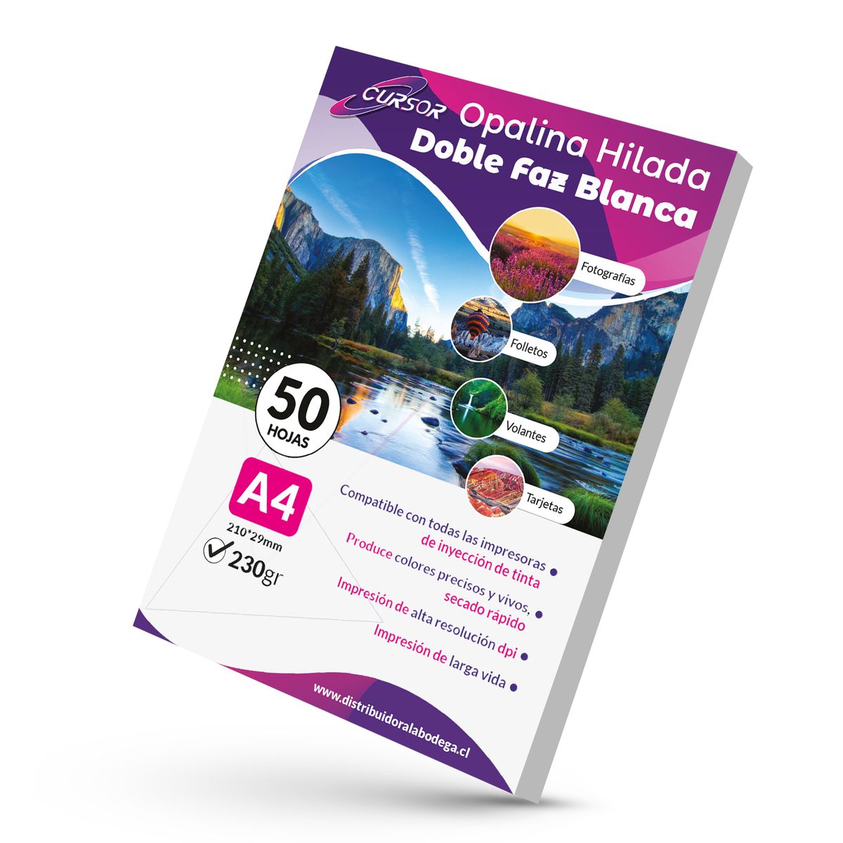 CURSOR - Papel Opalina Textura Brillante Doble Faz Hilada 230g 50h - Blanco