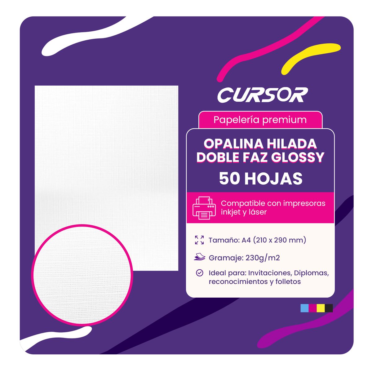 CURSOR - Papel Opalina Textura Brillante Doble Faz Hilada 230g 50h - Blanco
