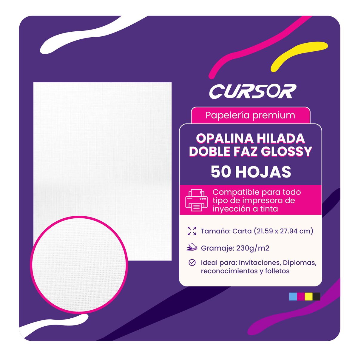 CURSOR - Papel Opalina Textura Brillante Doble Faz Hilada 230g 50h - Blanco