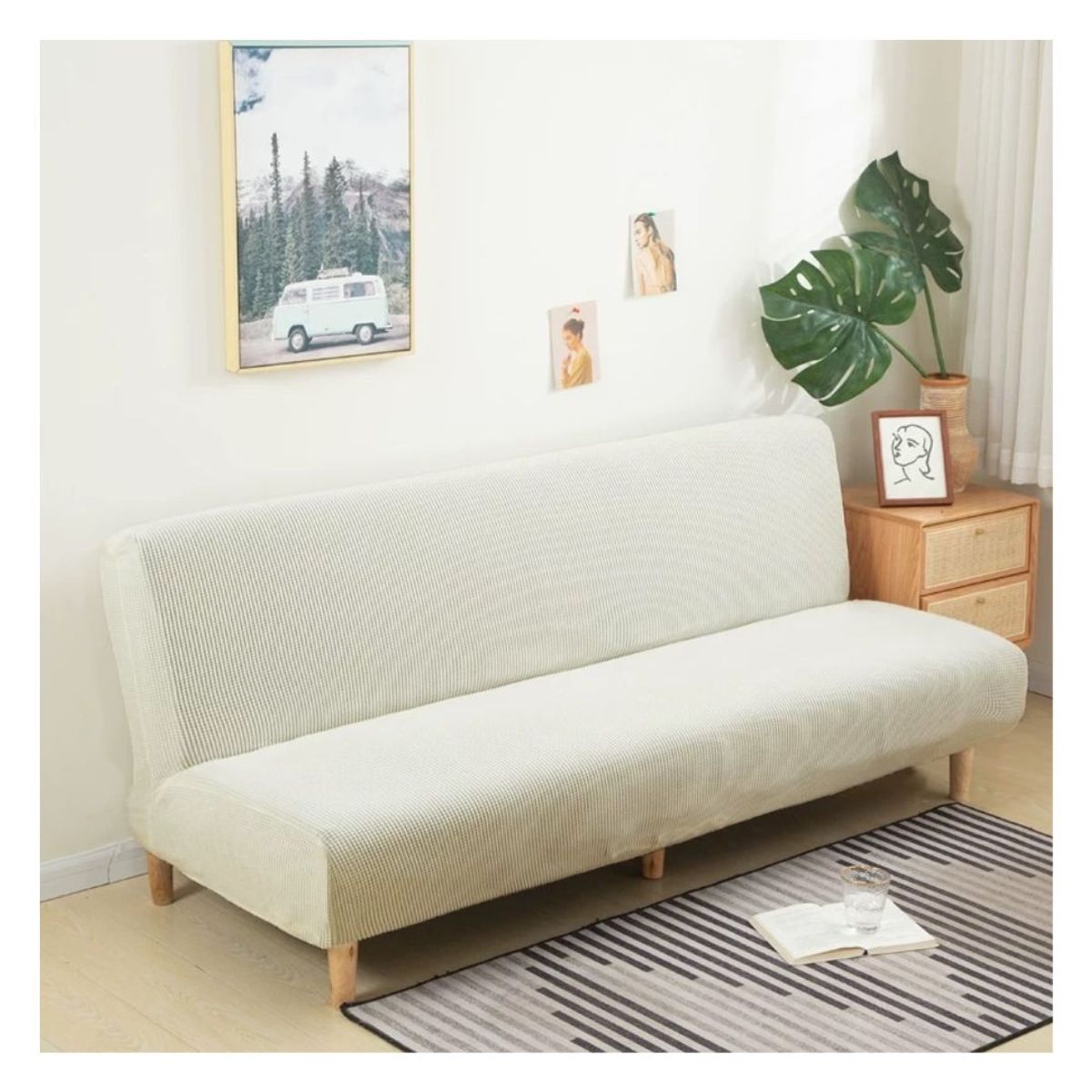 GENERICO - Funda Cubre Futon Cuadrille Tela Gruesa - Crema