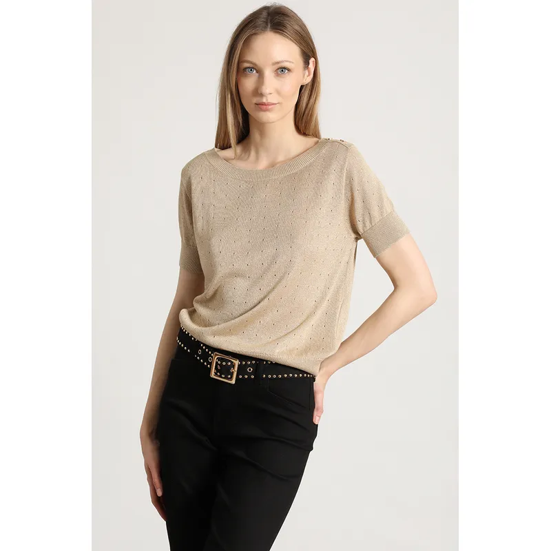 LIOLA - Polera tejida hilo metalizado liola mujer beige