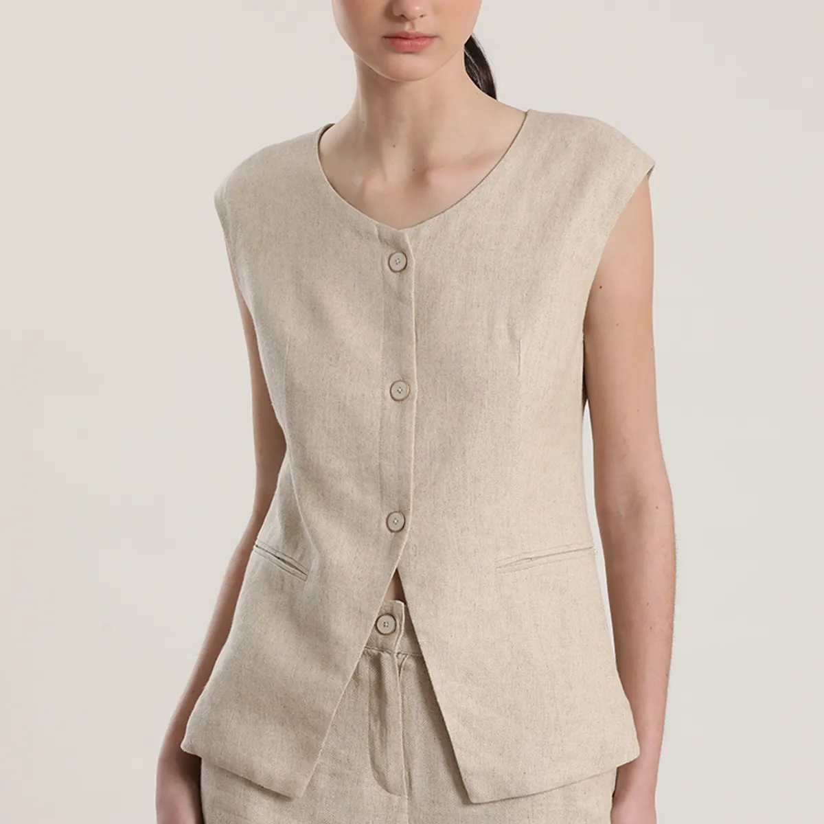LIOLA - Chaleco sastre lino liola mujer beige