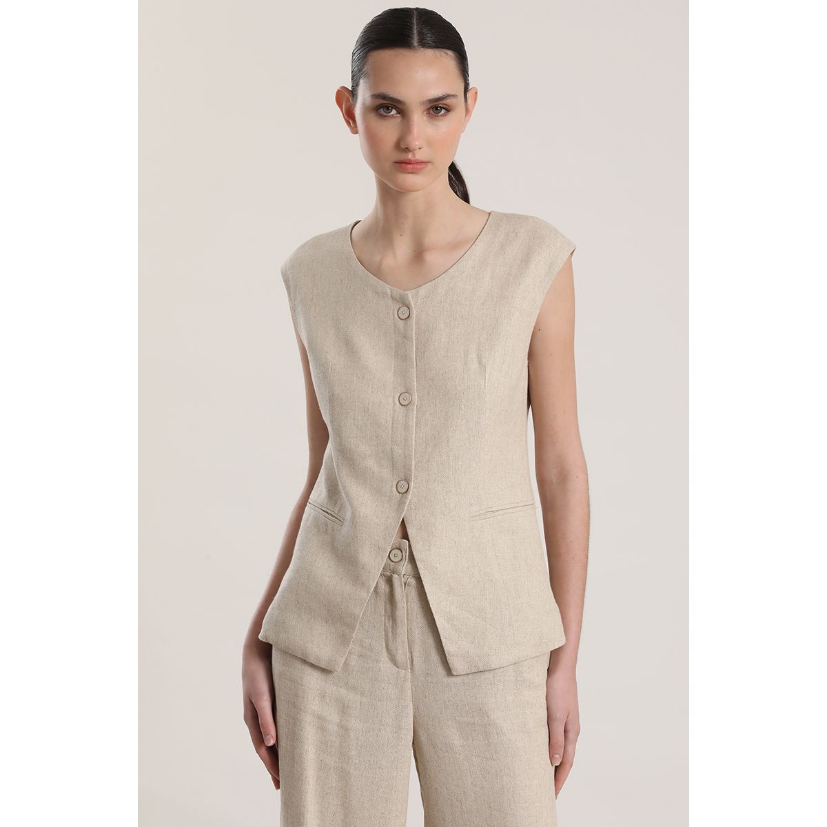 LIOLA - Chaleco sastre lino liola mujer beige