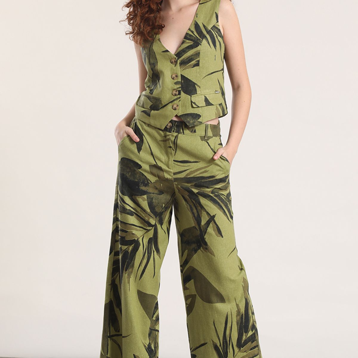 LIOLA - Chaleco sastre lino estampado liola mujer verde