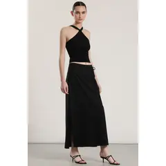 LIOLA - Falda midi lino mujer negro