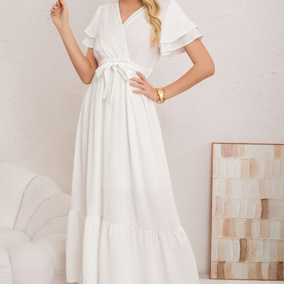 LOOK SHOP - Vestido Premium Largo Primavera Mujer. Con Mangas Y Lazo 3385