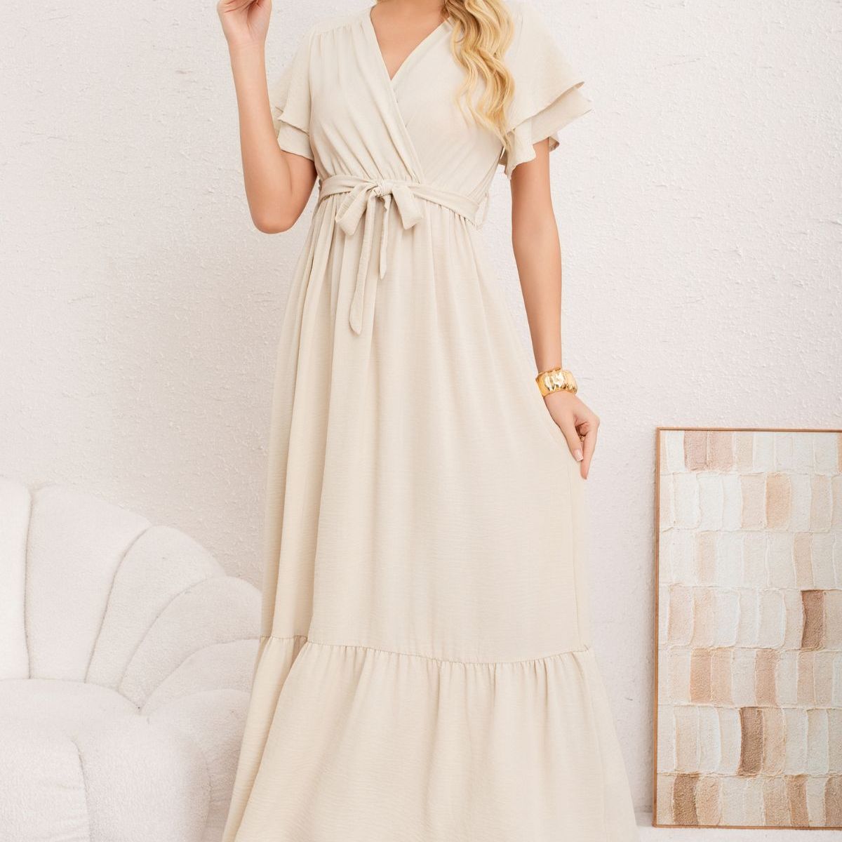 LOOK SHOP - Vestido Premium Largo Primavera Mujer. Con Mangas Y Lazo 3385