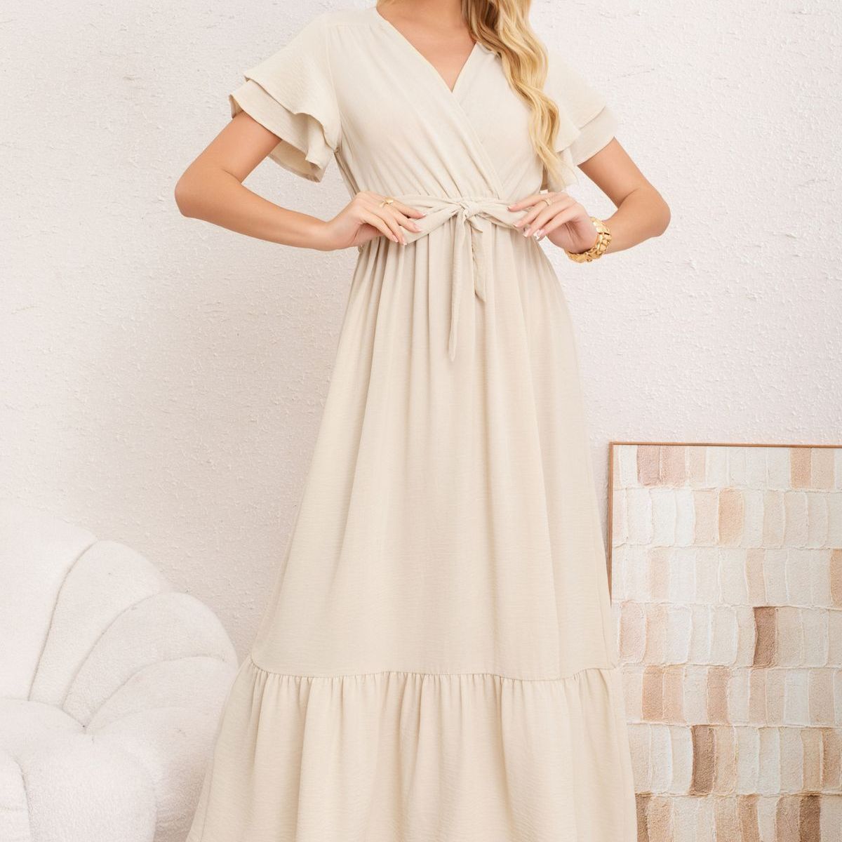 LOOK SHOP - Vestido Premium Largo Primavera Mujer. Con Mangas Y Lazo 3385