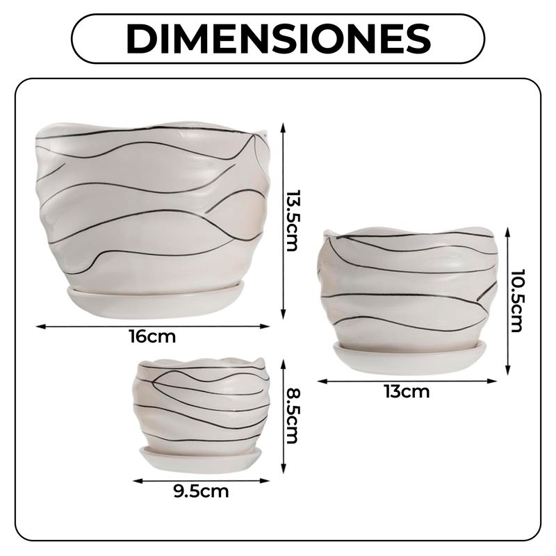 GENERICO - Set Tres Maceteros Blancos Redondos Líneas Negras