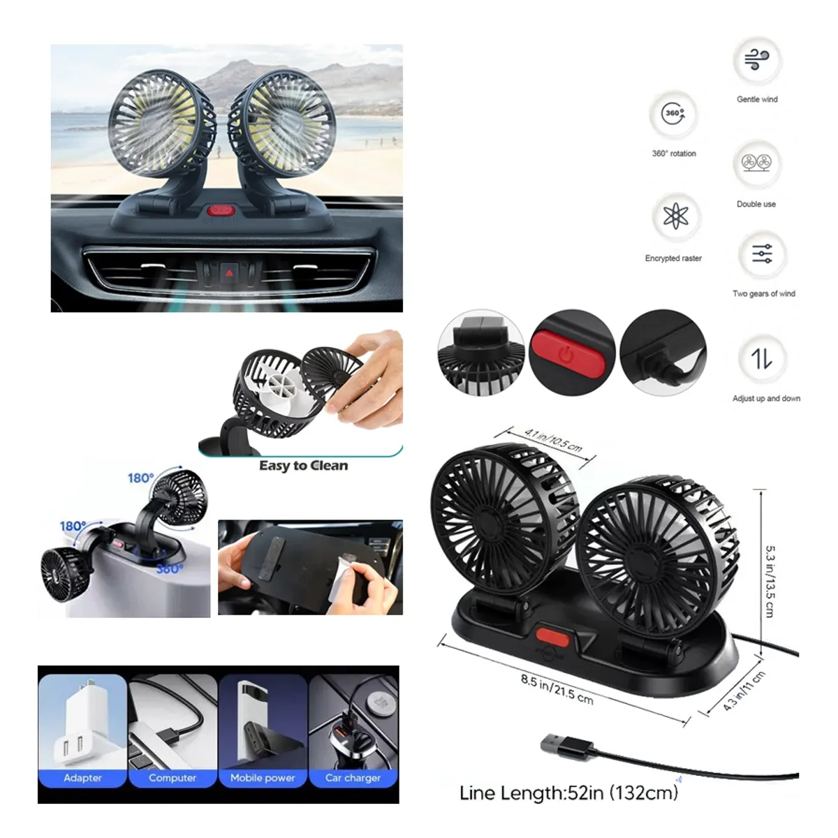 GENERICO - Ventilador Doble Auto 360o Usb 12v