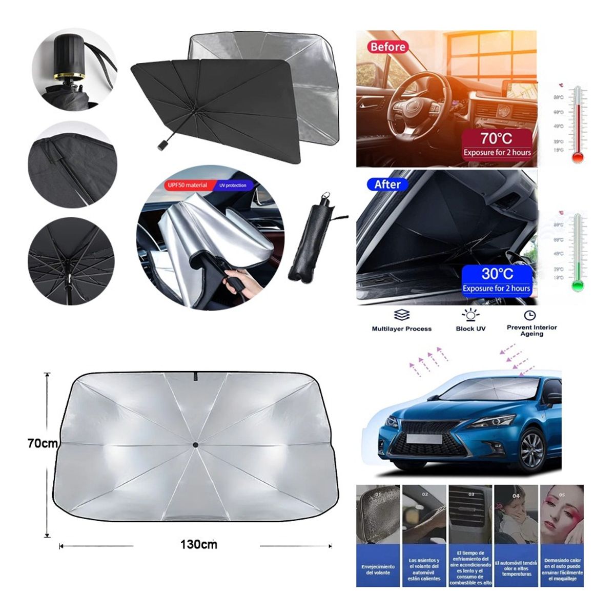 GENERICO - Sombrilla Parasol Auto Proteccion Solar Verano Parabrisas